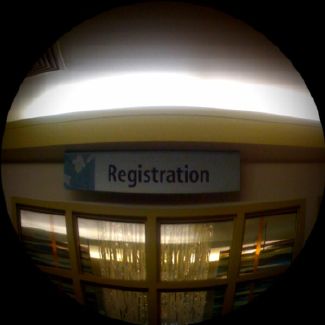 Registration in the Emergency Room at Mills-Peninsula Hospital in Burlingame, California taken through iphone camera with fish-eye transformation