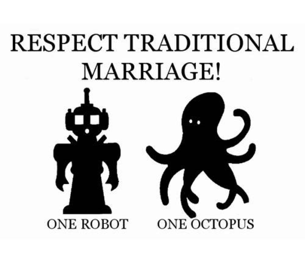 Traditional marriage between one robot and one octopus