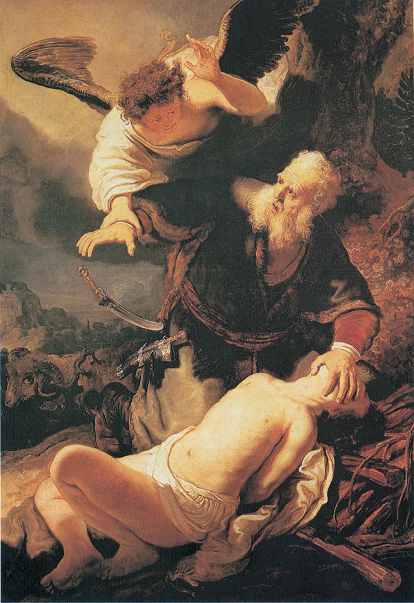 Abraham stopped from sacrificing his son by an angel