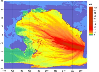 NOAA map of Chile earthquake energy mapped to the Pacific Ocean.