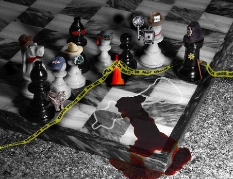 Scene depicting the after math of the murder of the king on a chess board.