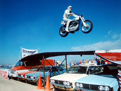 Evel Knievel jumps cars in the 1970's