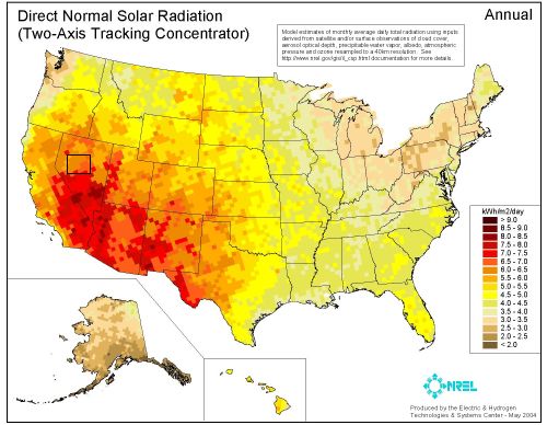 NREL solar radiation map, may 2004, annual