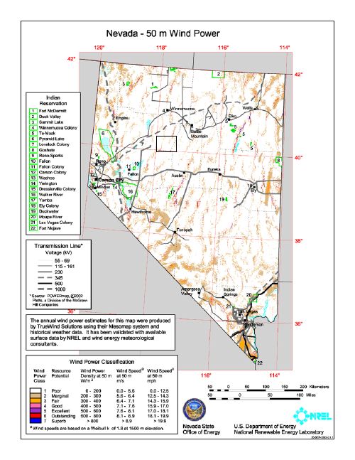 NREL 50m Wind Resource Map of Nevada