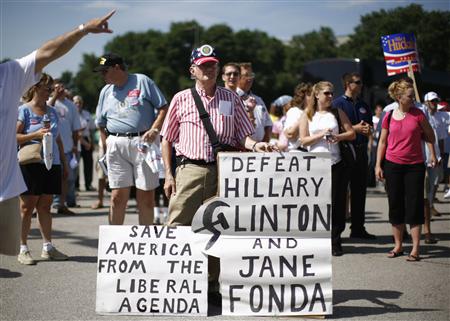 Picture of an ignorant Republican man sharing his outdated and ill-guided political views on Hillary Clinton and Jane Fonda. Republican hate and ignorance on display.