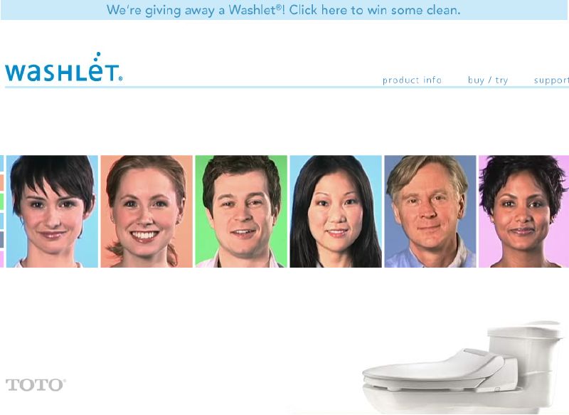 Screen shot of cleanishappy.com, the Washlet multi-media online commercial